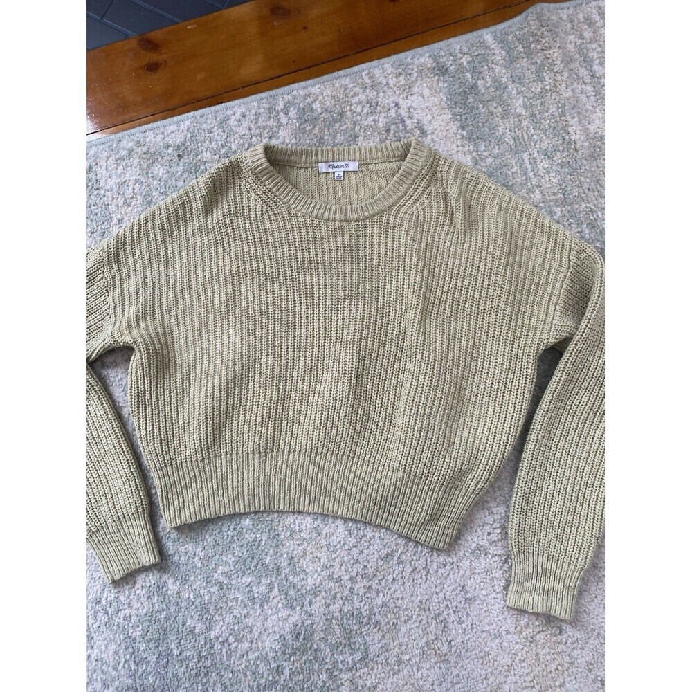 Madewell Cropped Sweater Women's SIZE SMALL GREEN Cotton Texture Knit Cozy Warm